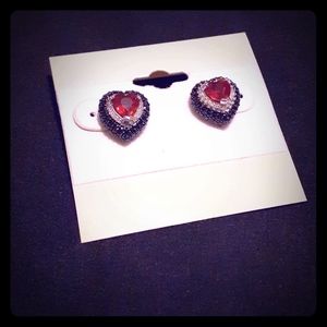Ruby/Diamond Heart-shaped Sterling Silver Studs